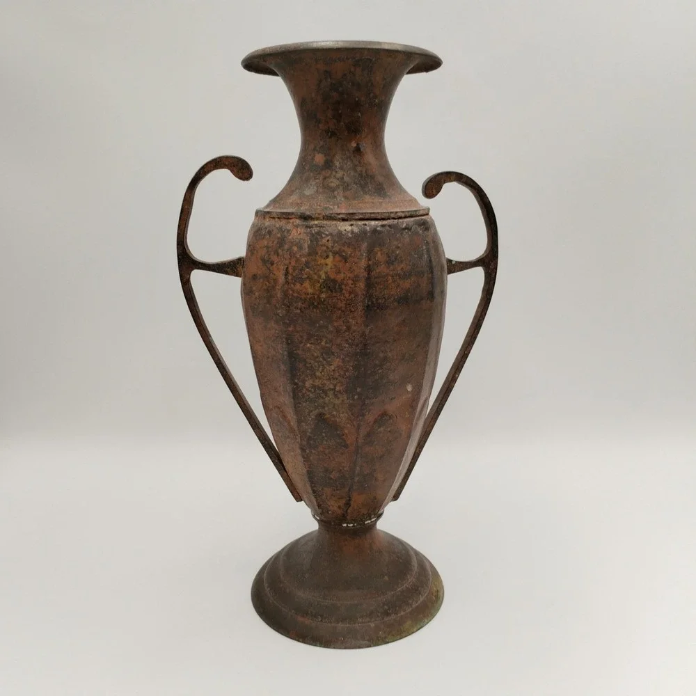 Vintage 10 In Solid Brass Double Handle Urn Vase Grecian Vessel Rustic Patina